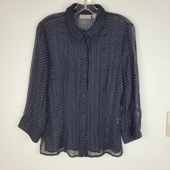 Croft & Barrow sheer black 3/4 sleeve button up colored polka dots whimsigoth M - Picture 4 of 13